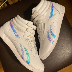 Reebok Freestyle High Top Holographic Sneakers